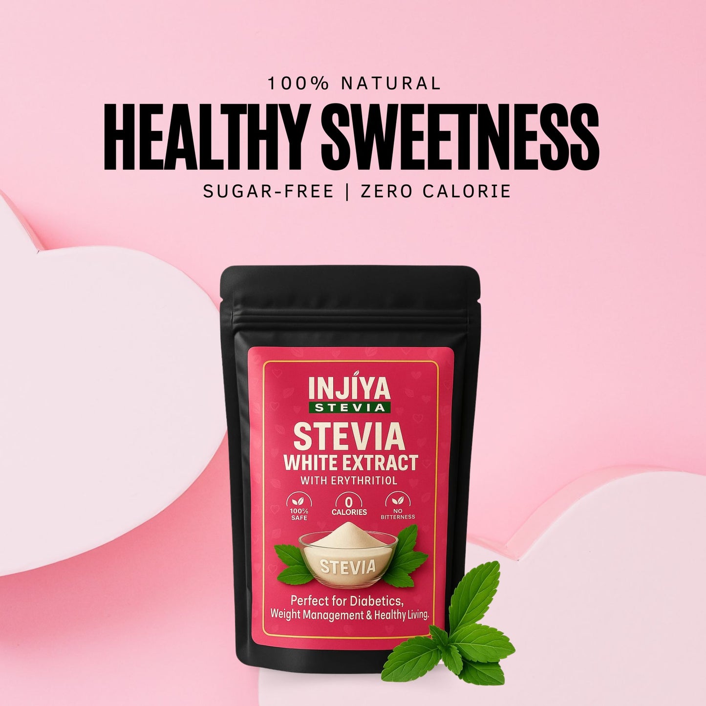 INJIYA White Stevia Powder Extract | Pure, Sugar-Free, Zero Calorie Sweetener | 99% Reb-A | No Bitterness | Diabetic Friendly