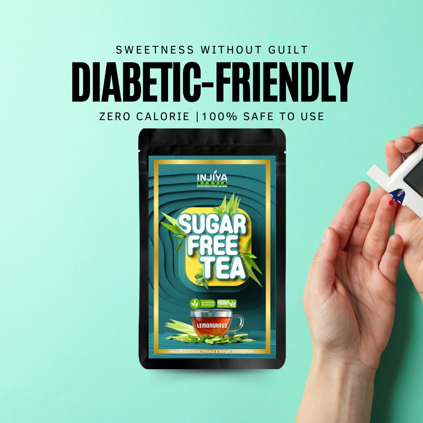 INJIYA Sugar-Free Stevia Tea - Lemongrass | Zero Calorie Tea for Health & Fitness | 60g Injiya Sugar Free Stevia Products – Natural, Zero Calorie Sweeteners for Healthy Living.