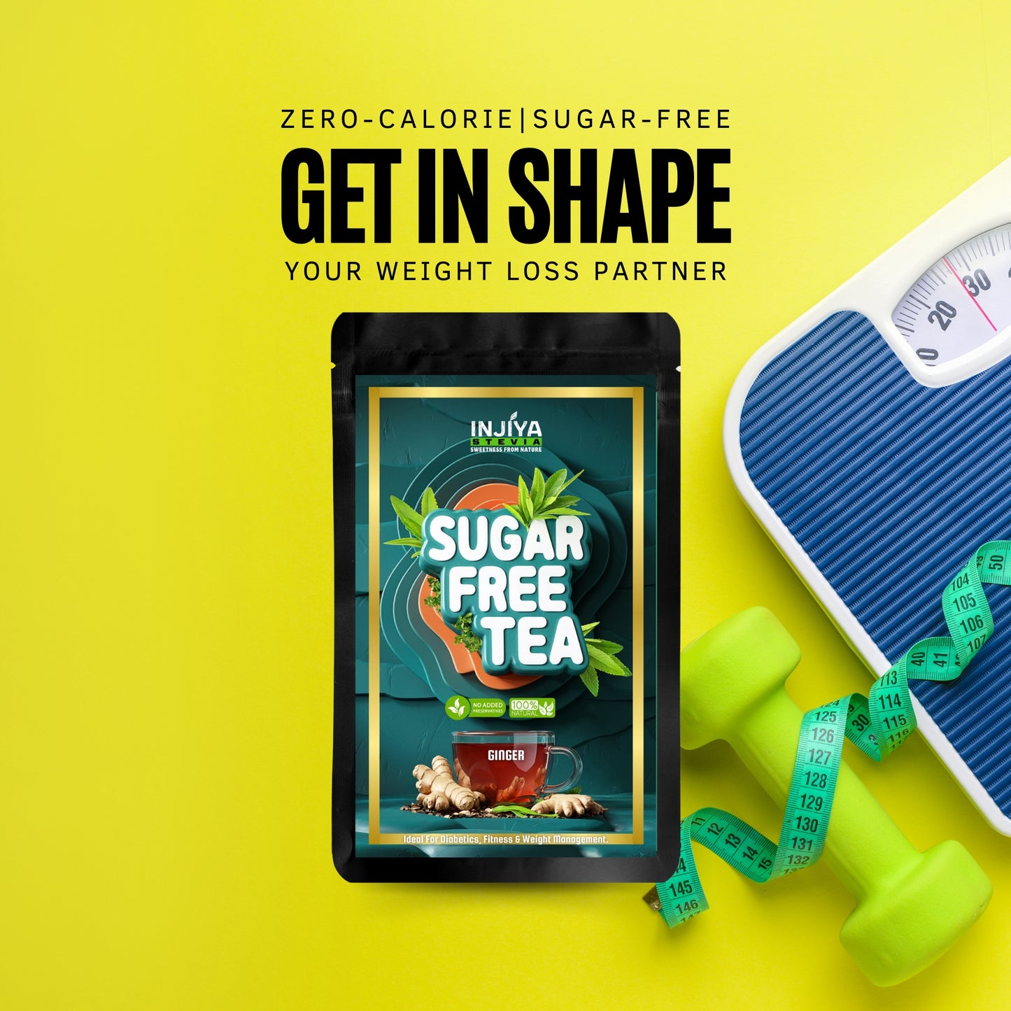 INJIYA Sugar-Free Stevia Tea - Ginger | Zero Calorie Tea for Health & Fitness | 60g Injiya Sugar Free Stevia Products – Natural, Zero Calorie Sweeteners for Healthy Living.
