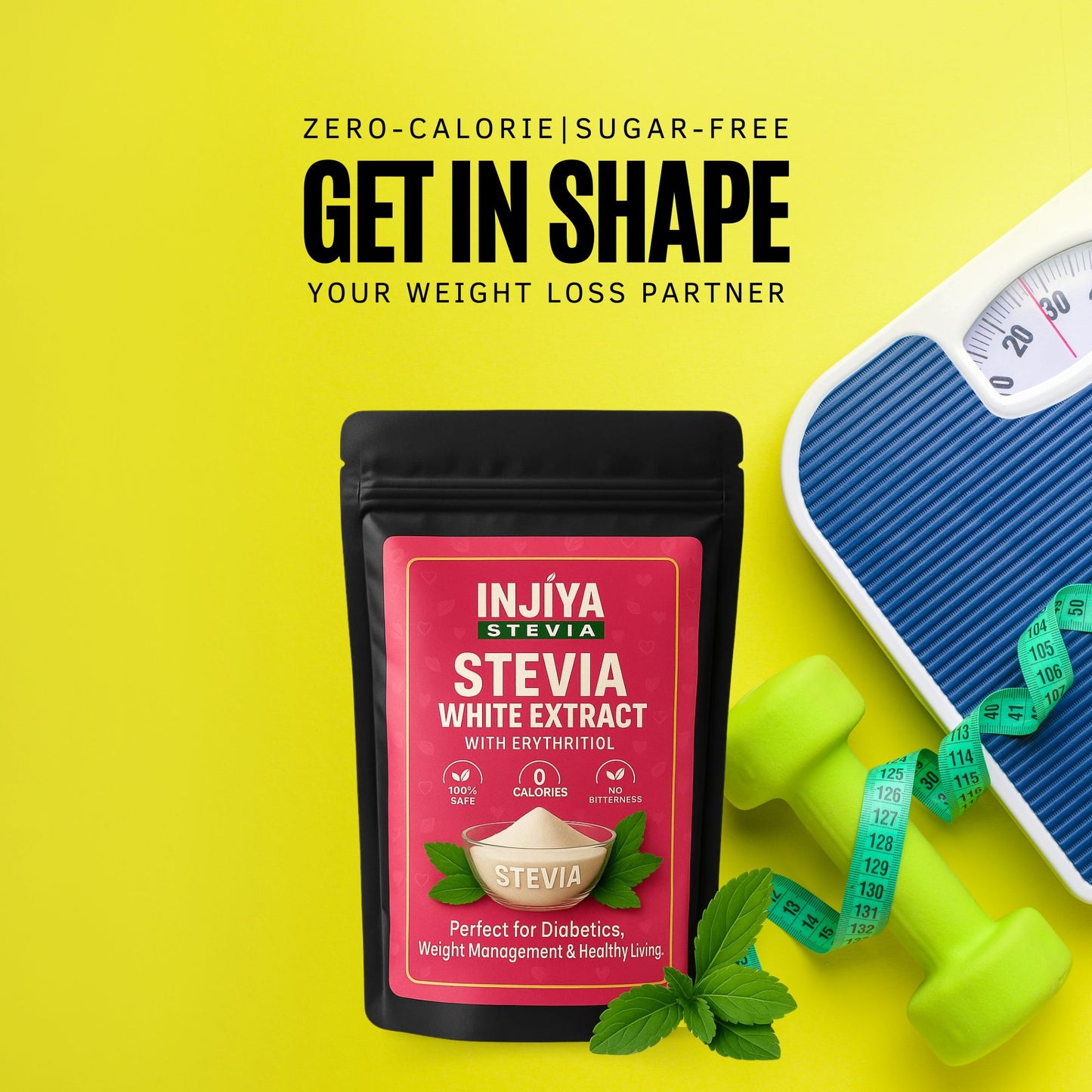 INJIYA White Stevia Powder Extract | Pure, Sugar-Free, Zero Calorie Sweetener | 99% Reb-A | No Bitterness | Diabetic Friendly