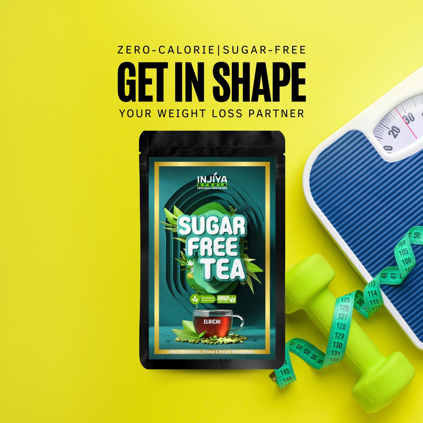 INJIYA Sugar-Free Stevia Tea - Elaichi | Zero Calorie Tea for Health & Fitness | 60g Injiya Sugar Free Stevia Products – Natural, Zero Calorie Sweeteners for Healthy Living.