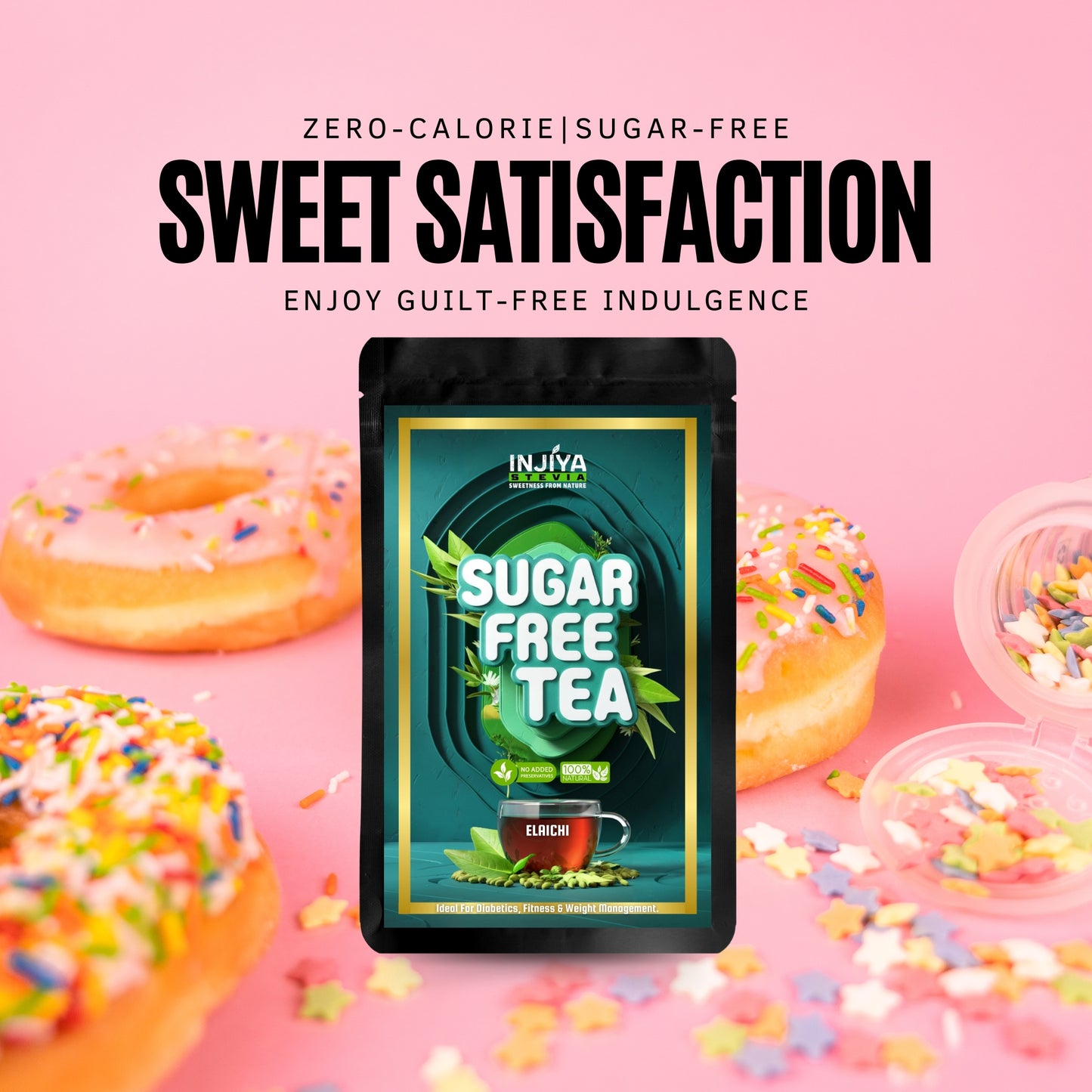INJIYA Sugar-Free Stevia Tea - Elaichi | Zero Calorie Tea for Health & Fitness | 60g Injiya Sugar Free Stevia Products – Natural, Zero Calorie Sweeteners for Healthy Living.