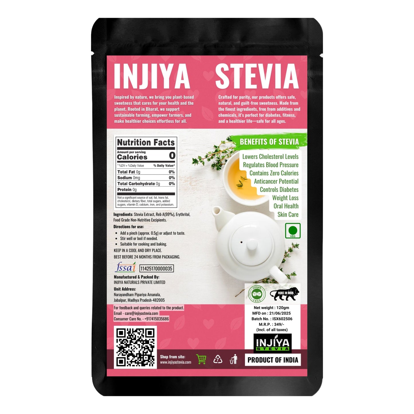 INJIYA White Stevia Powder Extract | Pure, Sugar-Free, Zero Calorie Sweetener | 99% Reb-A | No Bitterness | Diabetic Friendly