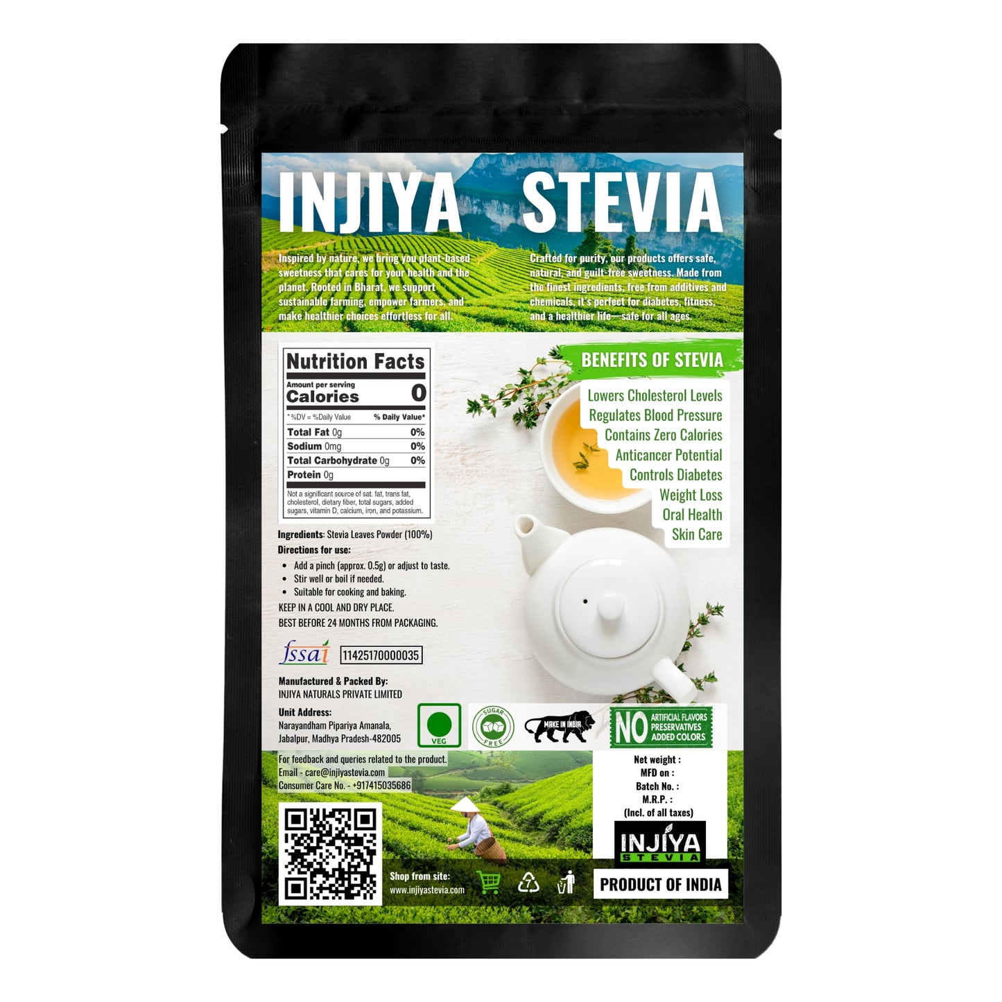 INJIYA Organic Stevia Powder | 100% Natural Sugar-Free Sweetener for Diabetics, Fitness & Weight Loss - 60g Injiya Sugar Free Stevia Products – Natural, Zero Calorie Sweeteners for Healthy Living.