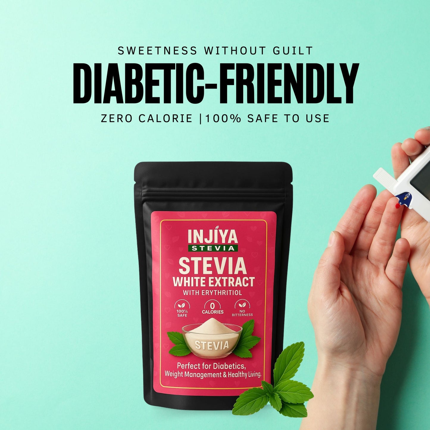 INJIYA White Stevia Powder Extract | Pure, Sugar-Free, Zero Calorie Sweetener | 99% Reb-A | No Bitterness | Diabetic Friendly