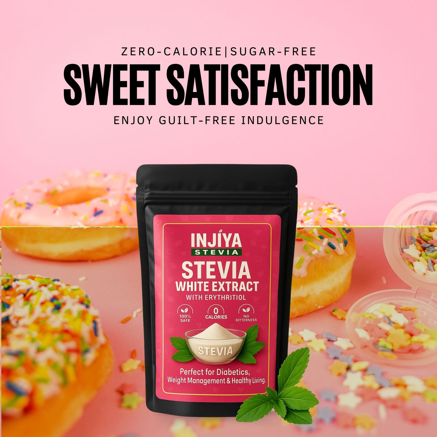 INJIYA White Stevia Powder Extract | Pure, Sugar-Free, Zero Calorie Sweetener | 99% Reb-A | No Bitterness | Diabetic Friendly