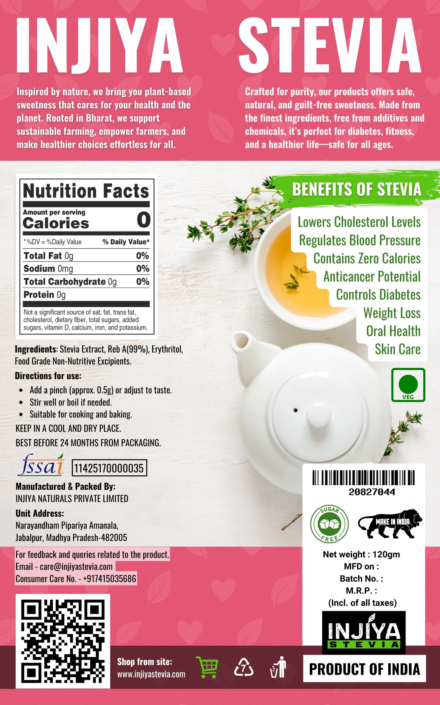 INJIYA Stevia Powder White Extract – 100% Natural Sugar-Free Sweetener | Zero Calorie | 99% Reb-A | Perfect for Diabetics, Weight Loss & Keto