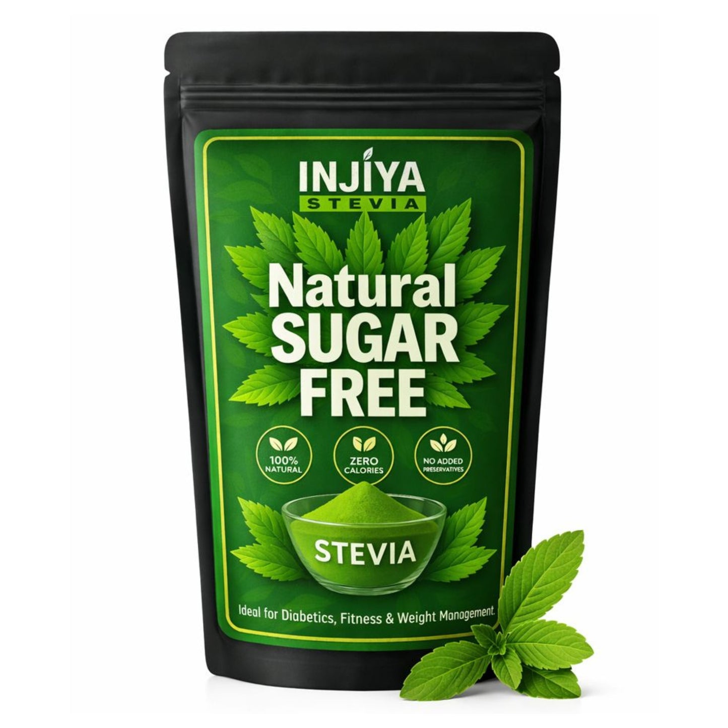INJIYA Natural Sugar-Free Stevia Green Leaf Powder | 100% Pure | Zero Calorie Sweetener for Diabetes & Weight Loss | No Added Preservatives