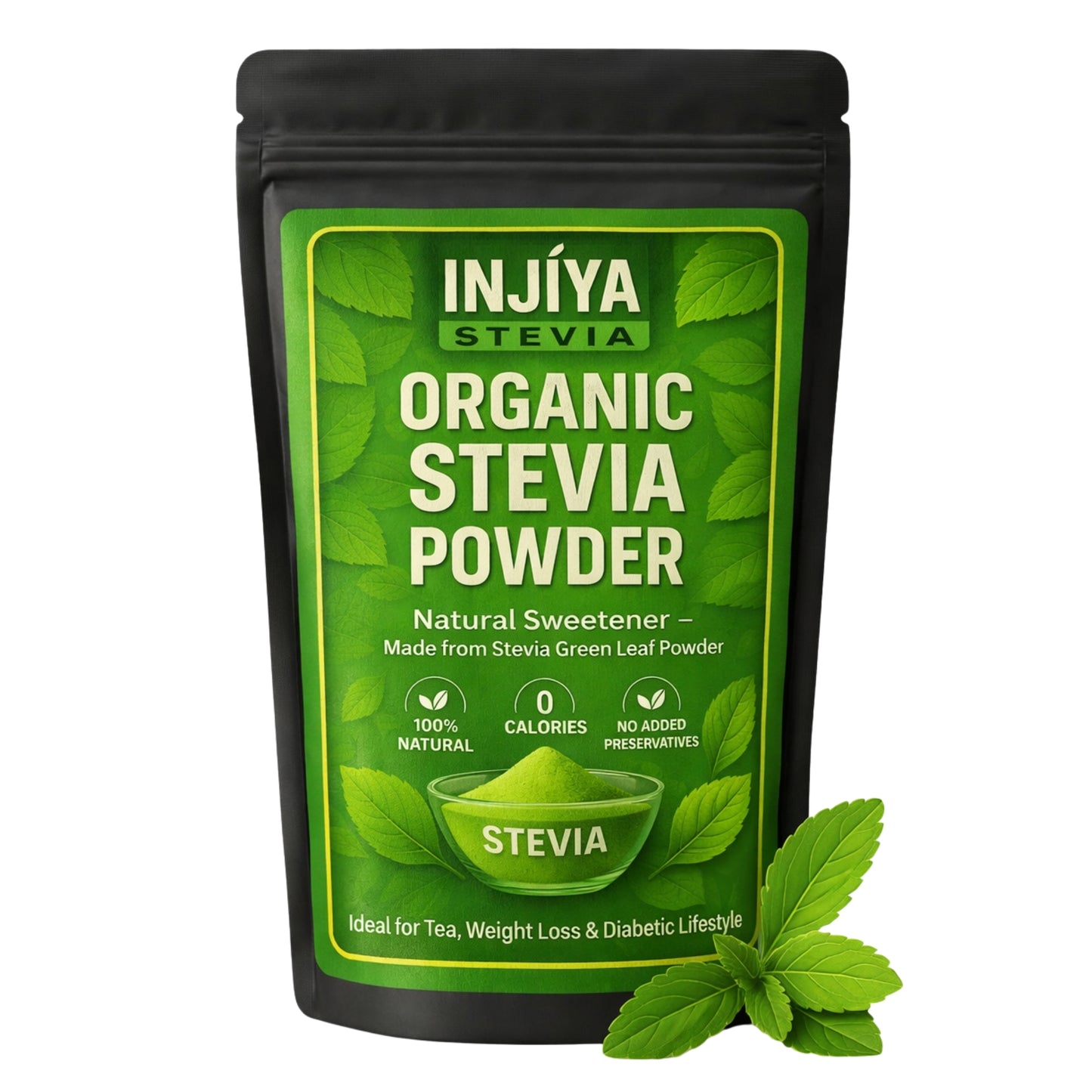 INJIYA Organic Stevia Leaf Powder | 100% Natural | Sugar-Free & Zero Calorie Sweetener for Tea, Diabetes & Weight Loss